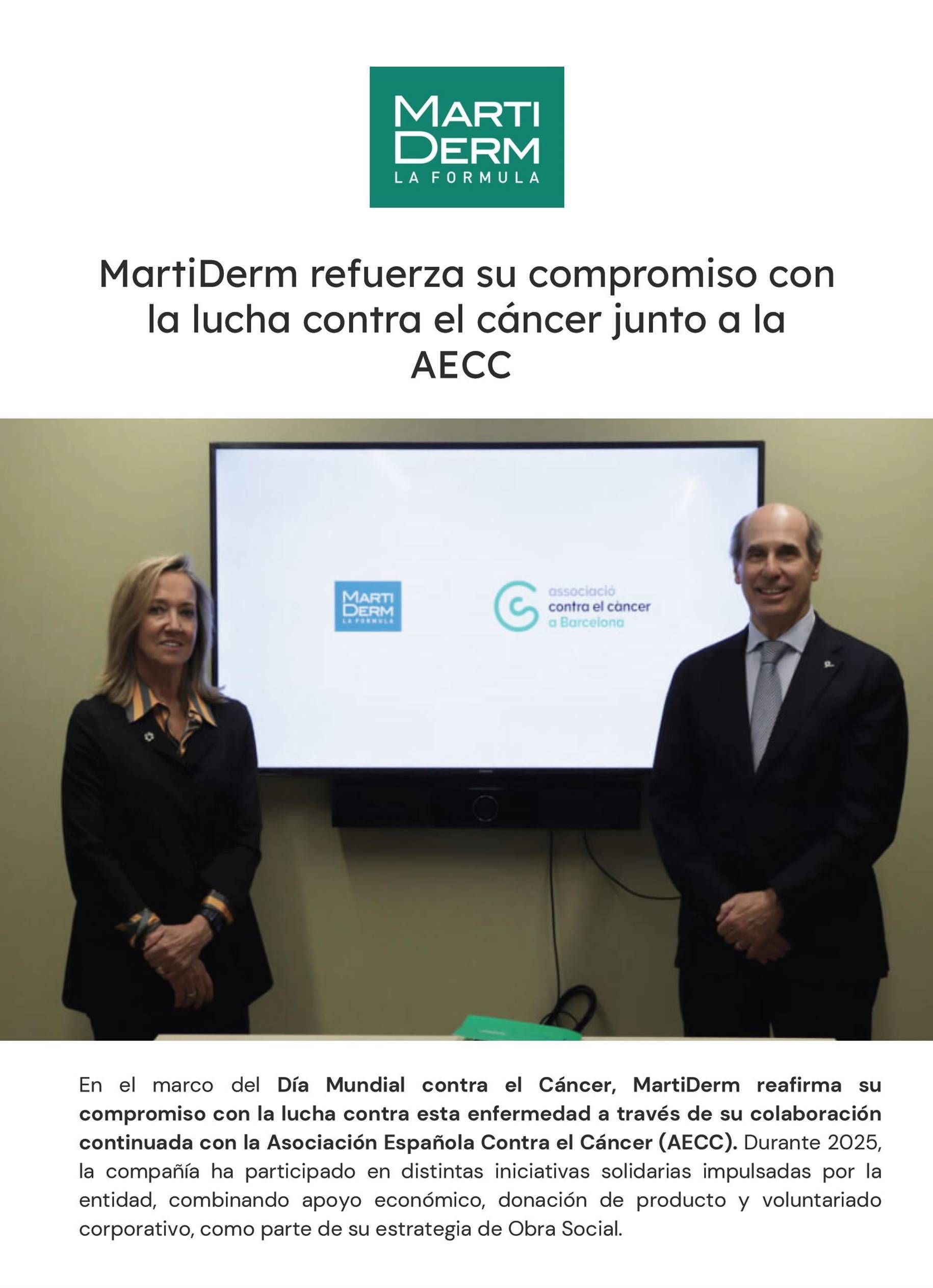 MartiDerm refuerza su compromiso con la lucha contra el cáncer junto a la AECC