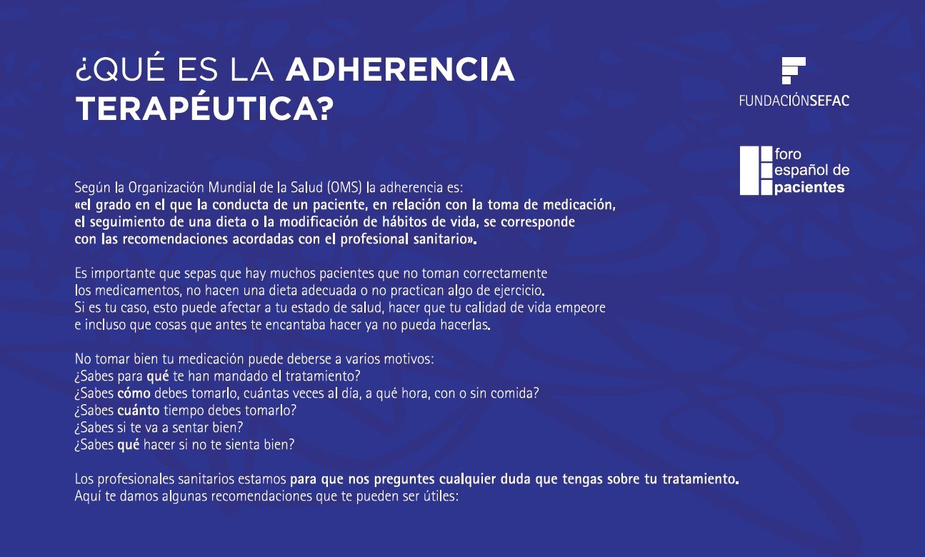 La Fundación SEFAC y el Foro Español de Pacientes lanzan una ficha con recomendaciones para fomentar la adherencia terapéutica