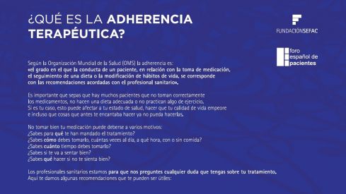La Fundación SEFAC y el Foro Español de Pacientes lanzan una ficha con recomendaciones para fomentar la adherencia terapéutica